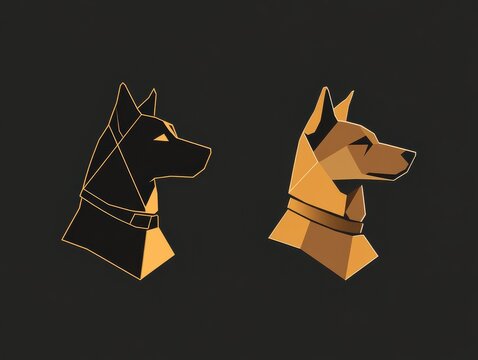 Minimalist polygonal dog logo with geometric shapes, negative space contour, and a bold gold collar contrasted by brown, perfect for modern branding and digital design.