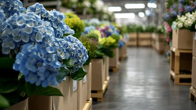 Cardboard boxes with blue hydrangea flowers on pallets in the store, a large room with a blurred background of flower fields and a warehouse for packaging flowers.