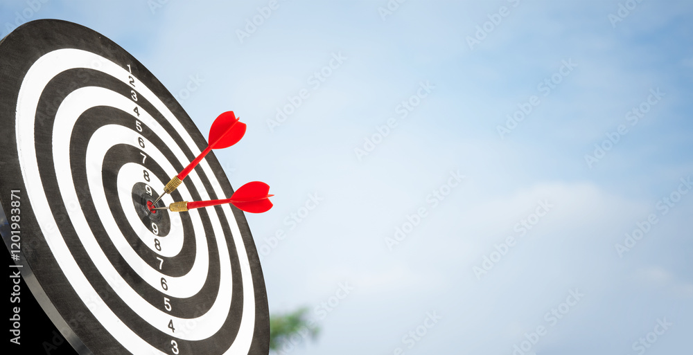 Poster two arrows on target copy space with cloud background