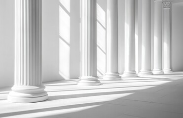 Elegant and Minimalistic Interior with White Columns Casting Shadows, Showcasing Architectural Beauty in a Bright and Serene Space