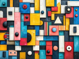 Abstract 3D geometric composition. Colorful wooden blocks and shapes in a layered arrangement. Ideal for modern interiors, wall art, or playful backgrounds.
