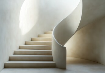 Naklejka premium Elegant and Modern Staircase Curving Gracefully in Soft Light with Subtle Shadows in Minimalist Interior Design Setting