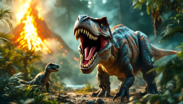Fierce T Rex Dinosaur Roaring Volcano Eruption - Powered by Adobe