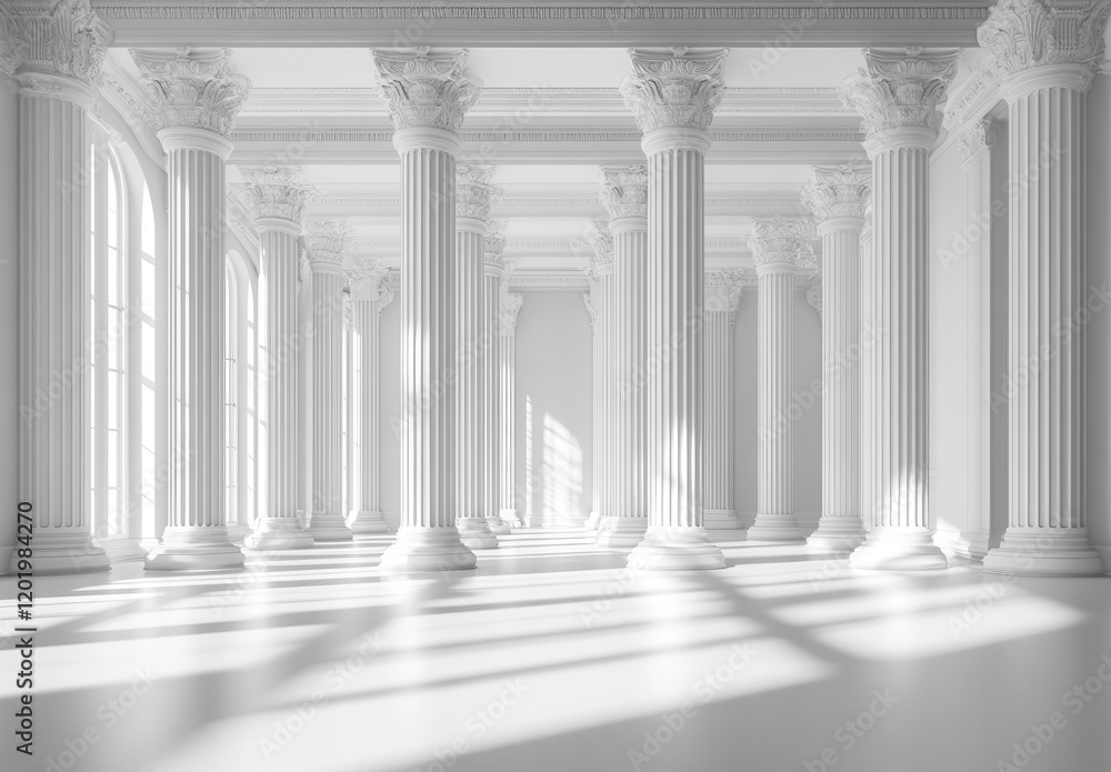 Poster elegant and spacious white room with classical columns and soft light creating a serene atmosphere i