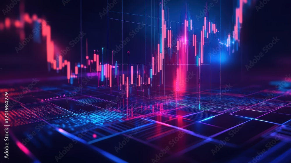 Poster computer screen displaying colorful background with stock market chart and financial data analysis