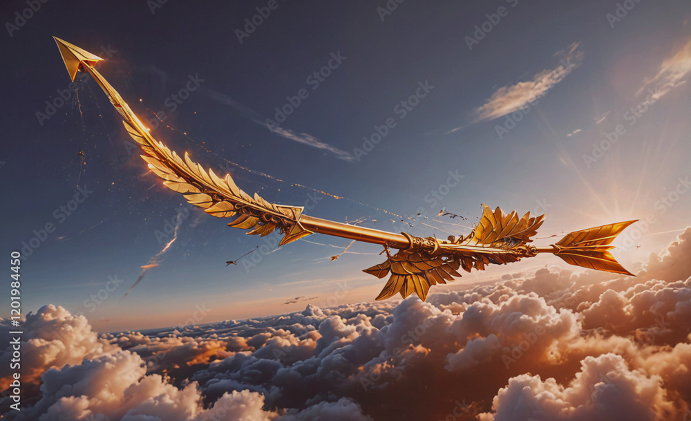 Poster a golden arrow is flying through the sky. the arrow is surrounded by clouds and the sky is a beautif