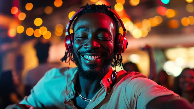 Happy African American with red headphones dancing and smiling at the DJ booth in a nightclub, with a crowd around him. 