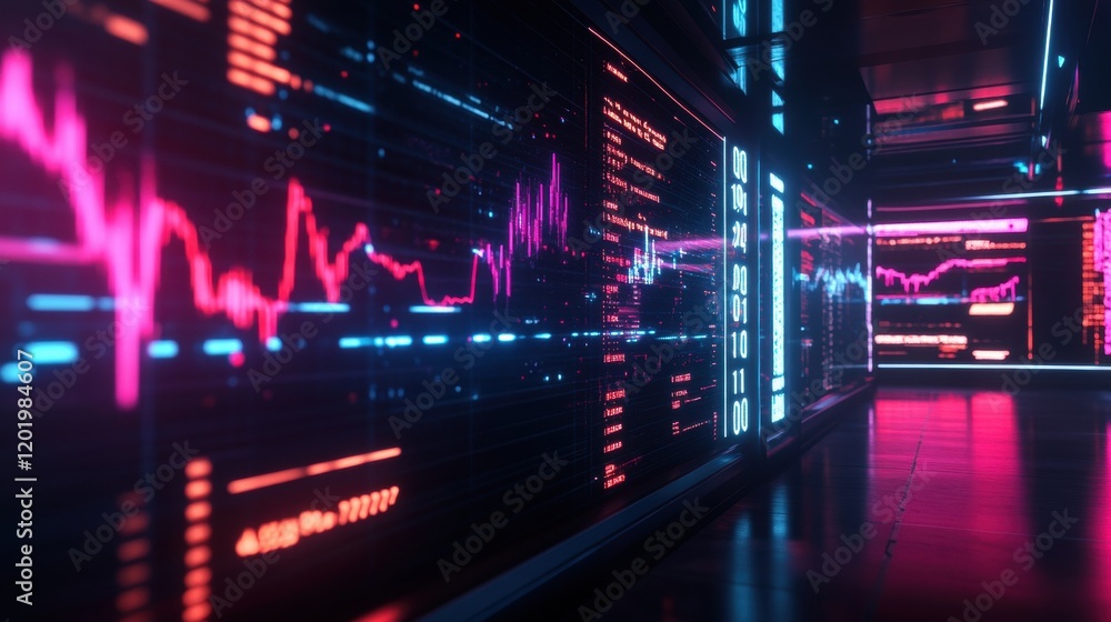 Poster room with large display of graphs and charts for data analysis and presentations