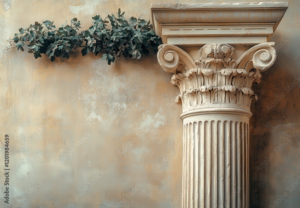 Poster elegant corinthian column adorned with greenery against a textured wall; a perfect blend of classica