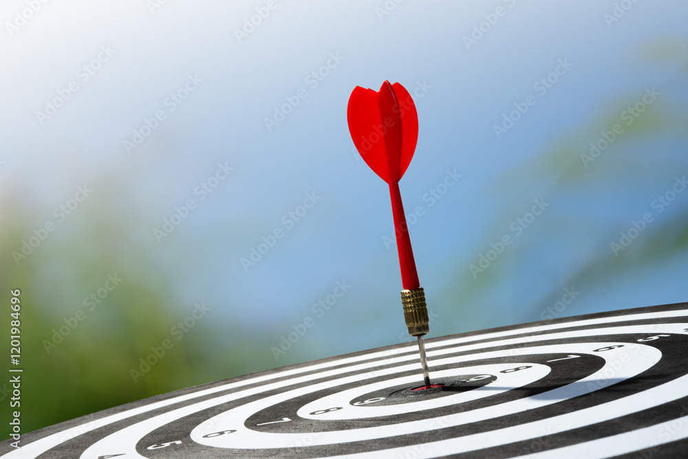 Poster target board with red dart on blur background