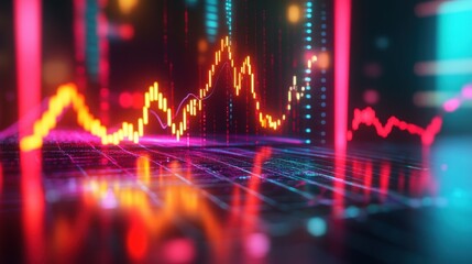 Stock market chart illuminated with neon lights showcasing financial data and trends in a dynamic presentation