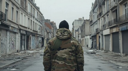 Obraz premium A Military officer in uniform standing solemnly on deserted city street, symbolizing martial law and order in urban environment. 