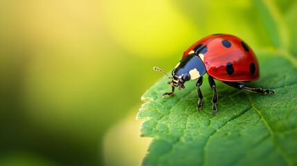 Fototapeta premium A vibrant ladybug sits gracefully on a green leaf. Its bright red color shines in the light. Nature is a canvas of beauty and life. Generative AI