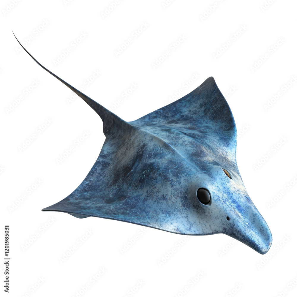 Poster a digitally rendered image showcases a blue stingray against a plain white background, displaying in