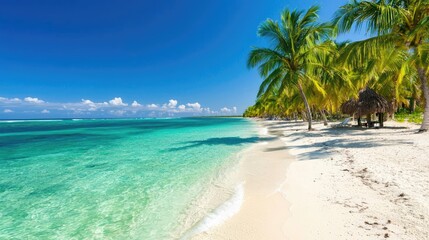 Naklejka premium Tropical beach paradise palm trees, turquoise water, white sand, sunny sky; ideal for travel brochures