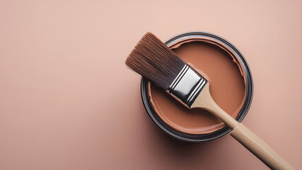 Brush Resting Elegantly Atop a Can of Rich Mocha Paint, Showcasing the Artistry of Home Decor and Creativity in a Serene Space