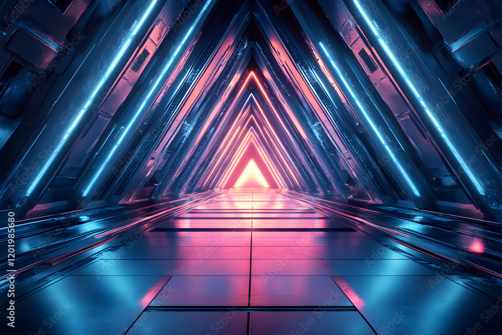 Poster futuristic neon-lit triangular corridor; vibrant pink and blue glowing lines; sleek metallic archite