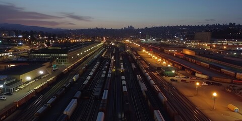 Obraz premium Aerial view of a bustling freight yard illuminated at dusk, showcasing train cars and industrial activity.