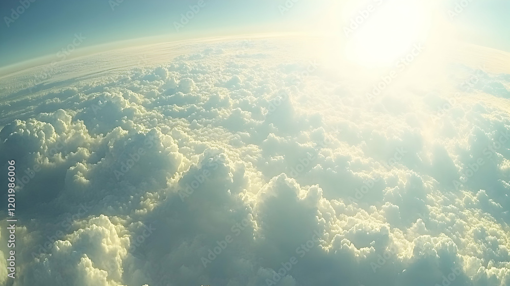 Poster aerial view of a vast expanse of fluffy cumulus clouds illuminated by the sun, creating a serene and