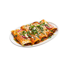 Enchiladas Dinner: A delectable platter of enchiladas, bathed in a rich sauce, garnished with fresh cilantro, onions, and a touch of sour cream.  The warm.