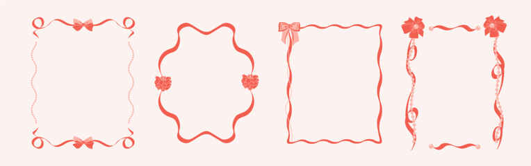 Romantic freehand drawing frames with bows and pearls. Pink Bows, pearl beads, ribbons. Elegant Coquette template for greeting cards, weddings, birthdays, invitations. A place to copy.