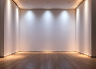 Blank wall illuminated by spotlights. Empty room with wooden flooring and white walls lighted with direct lamp beams