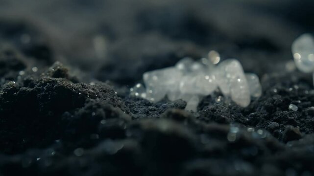 The camera pans across a soil sample with visible salt crystals on the surface, low key lighting emphasizes the white, reflective crystals against the darker soil