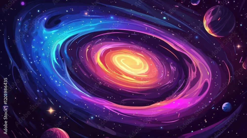 Aufkleber Vibrant galaxy with swirling nebula and illuminated planets in a cosmic display of color and energy. Generative AI