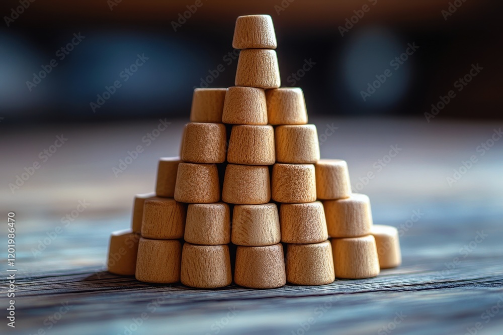 Poster wooden blocks pyramid: a pyramid of smooth wooden blocks arranged in a symmetrical pattern, highligh