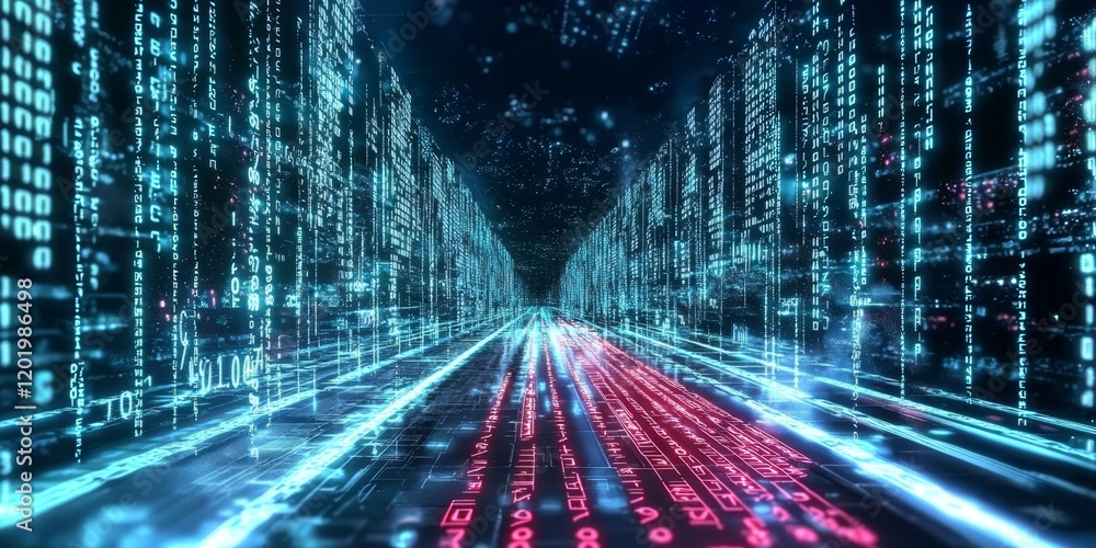 Poster a futuristic highway path lined with digital binary towers in an urban landscape.