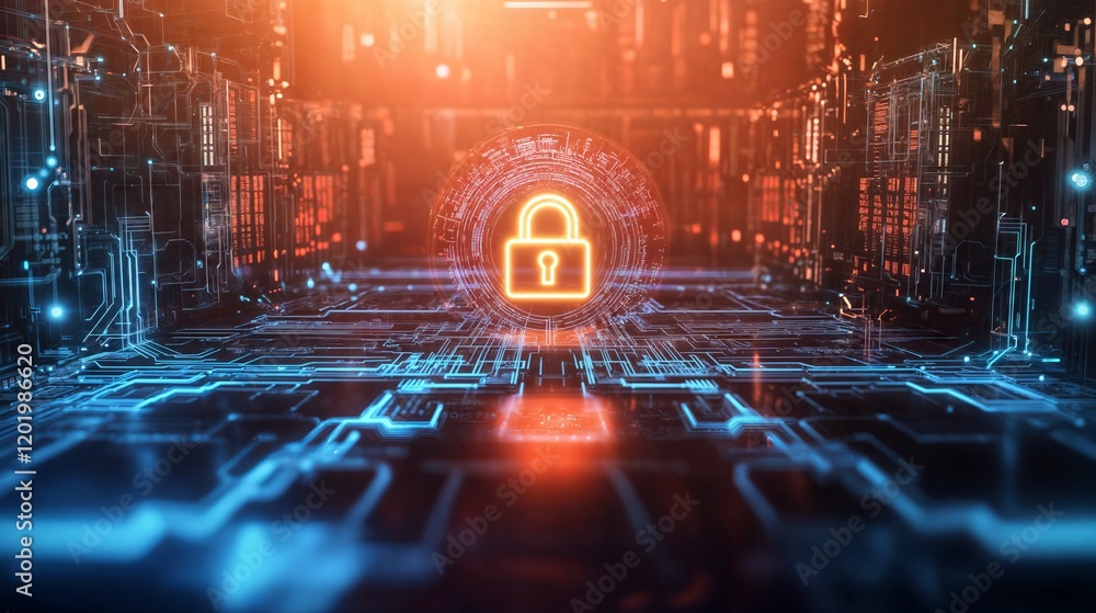 Poster cybersecurity system protecting data with padlock icon inside server room