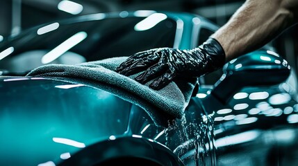 The meticulous cleaning process of a car using a cloth.