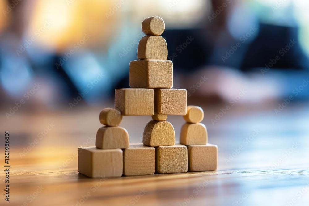 Poster building a strong foundation: a pyramid-shaped structure of wooden blocks representing human figures