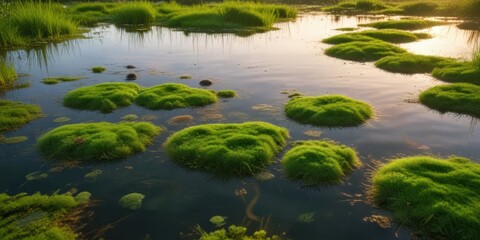 Air bubbles rising through a layer of bright green algae on the surface of a pond at sunset, air bubbles, underwater details, bioluminescent specks
