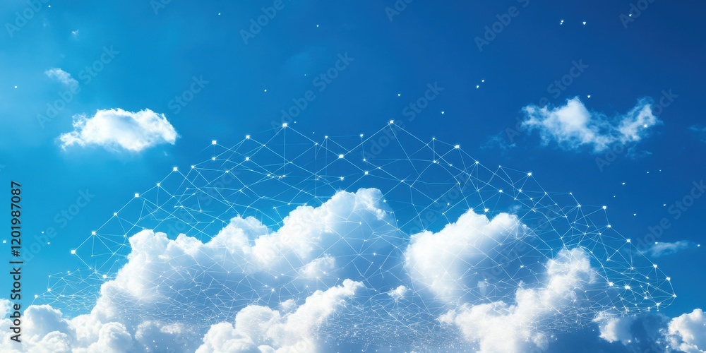 Poster ethereal blue sky with fluffy white clouds and connected nodes representing digital networks and dat