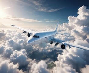 Fototapeta premium A bright white airplane hurtles through a gap in the clouds revealing a stunning vista below, flight path, airplane