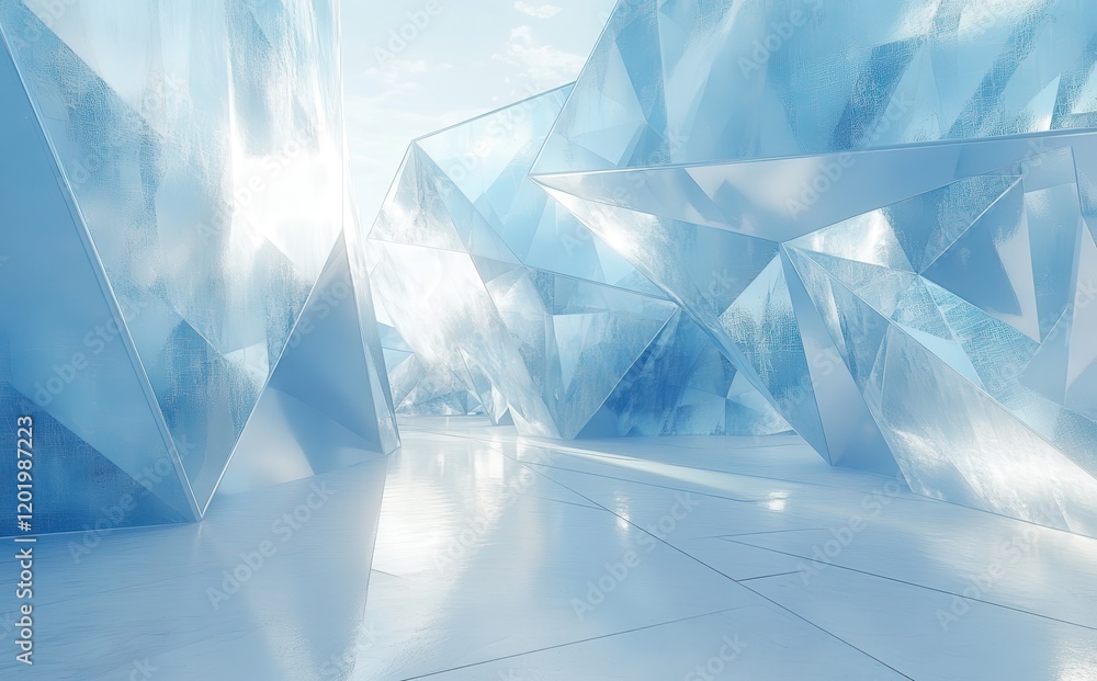 Poster ethereal ice cave with geometric ice structures, radiating light, and soft reflections creating a dr