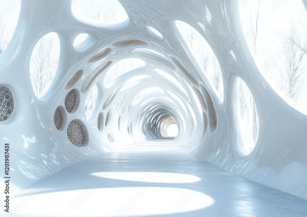 Poster ethereal modern architecture design with smooth curvy shapes and organic forms in a bright white env