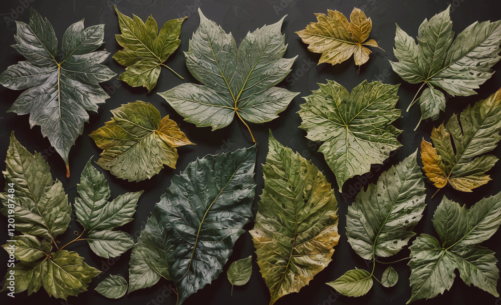 Aufkleber A collection of leaves with some of them being green and some brown. The leaves are arranged in a pattern on a black background