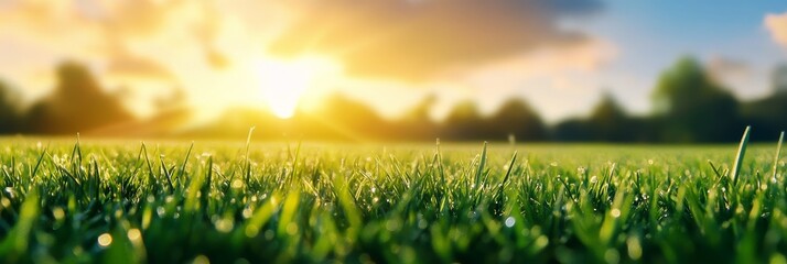 Fototapeta premium Sunrise Over Dewy Grass Field - Close-up view of fresh green grass covered in morning dew, with a sunlit sunrise and blurred trees in the background.