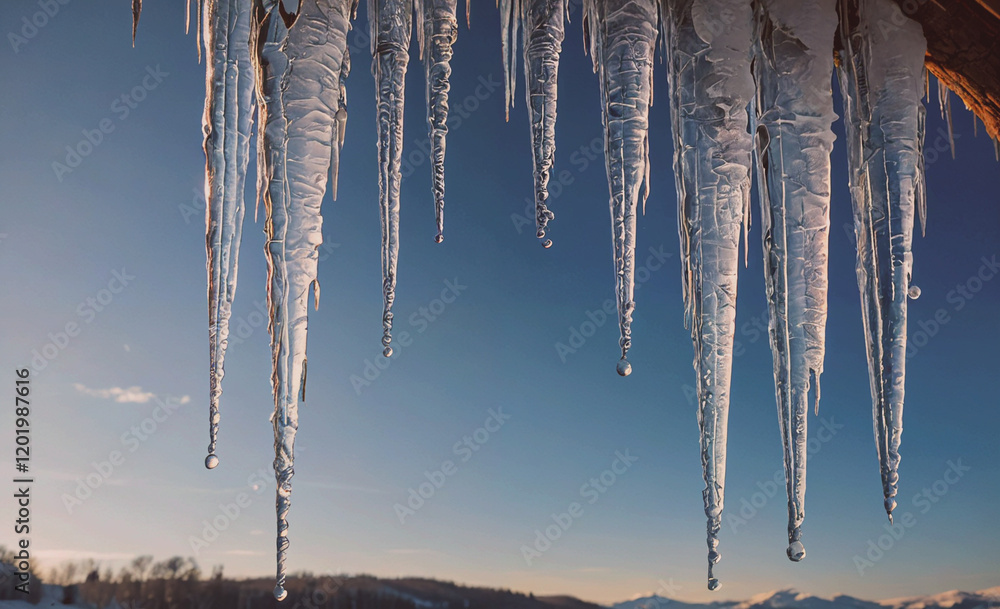 Poster a long line of icicles hanging from a tree. the icicles are long and thin, and they are all differen