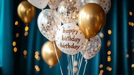 Balloons in white and gold are adorned with confetti and cheerful messages, brightening up the indoor space for a joyful birthday celebration, perfect for any age