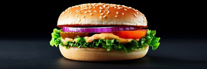 Juicy Sesame Burger - Close-up of a delicious burger on a black background.  Sesame seed bun, lettuce, tomato, onion, and pickles.
