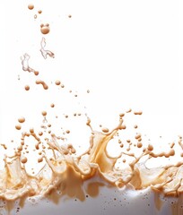 Naklejka premium A creamy liquid splashes dramatically, forming intricate patterns and droplets against a clean white background. This vibrant display captures the energy and beauty of fluid motion