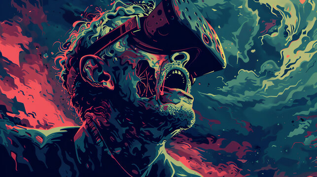 Experience the chilling horror of a close-up shot capturing historical events with a virtual reality twist Present this in a pixel art digital rendering technique