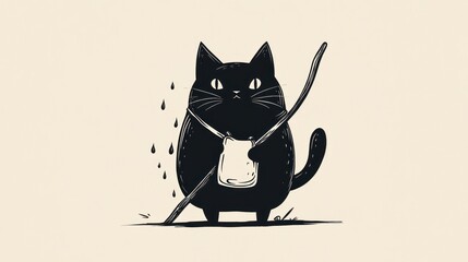 Black cat, bag, stick, rain, minimalist, illustration, background, design, print