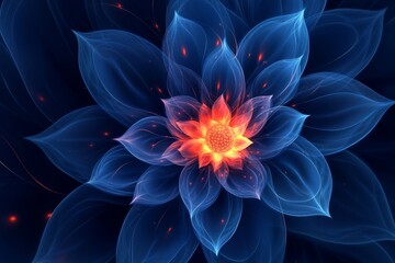 Obraz premium A detailed abstract representation of a luminous flower with a bright orange center, surrounded by deep blue petals that create a captivating contrast against a dark background