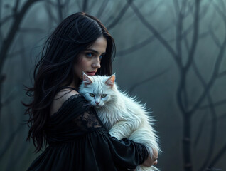 Mysterious Woman Holding White Cat in Foggy Forest Scene