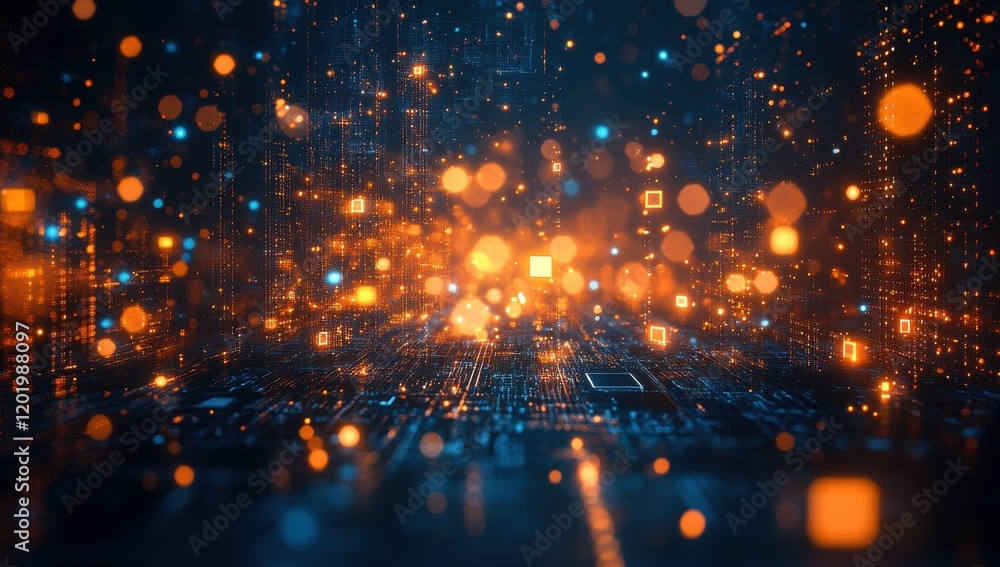 Poster futuristic abstract digital landscape with glowing particles, vivid lights and data representation, 
