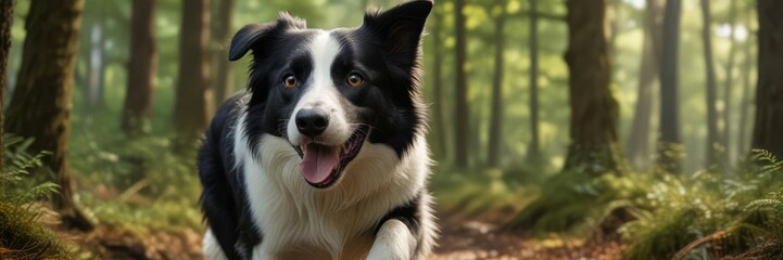 Fototapeta premium An action shot of a border collie running with its head down through dense forest, canines in motion, forest terrain